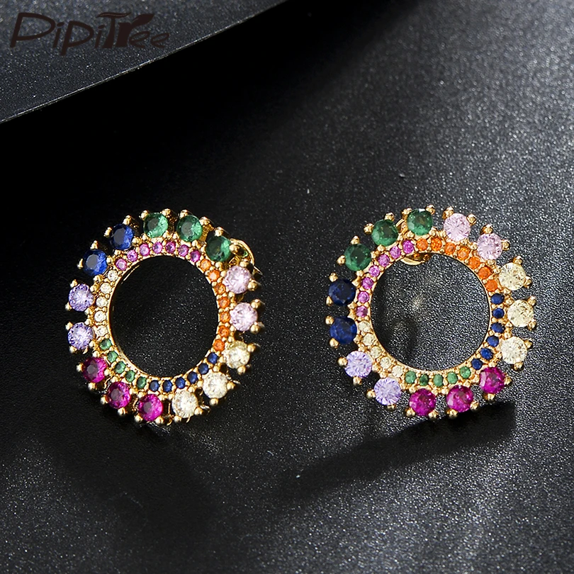 

Pipitree Noble Ladies Crystal Jewelry Multicolor Cubic Zirconia Earrings for Women Wedding Round Stud Earrings CZ Ear Brincos