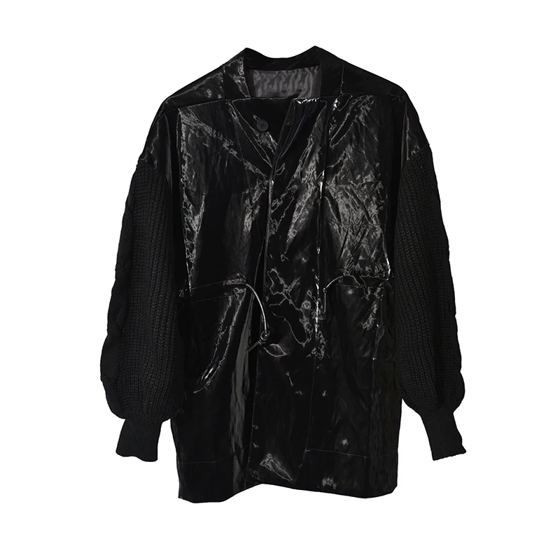[DEAT] черная кожаная куртка свободного кроя с завязками, большой размер, новинка, с отворотом, с длинным рукавом, Женское пальто, модное, Осень-зима, WB678