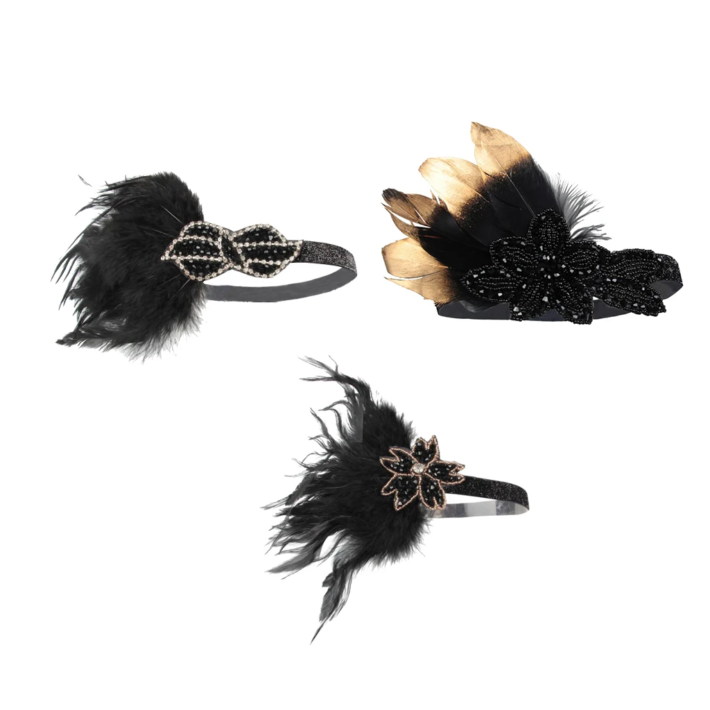 Women's Vintage Feather Headband, Black Rhinestone 20s Flapper Headband - Roaring 1920s Headpiece - Elastic Band