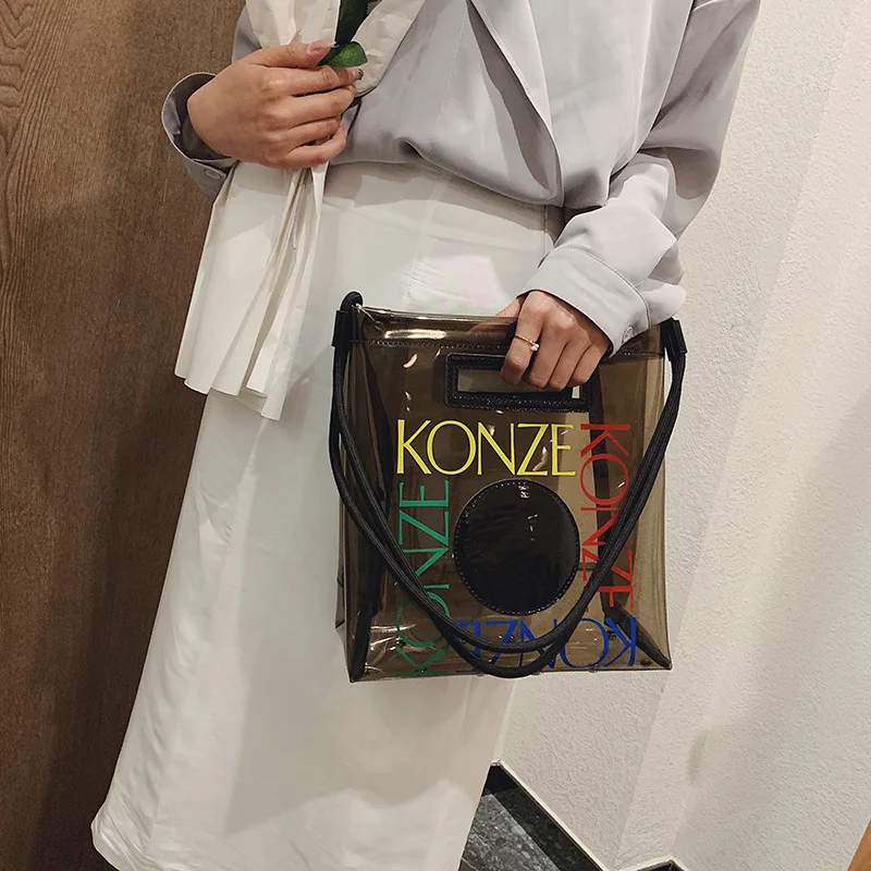 

2019 summer transparent shopping bag fashion show graffiti printing letters shoulder slung bag