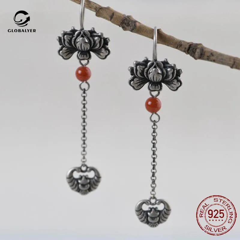 

S925 Silver vintage thai silver earrings Women fashion ethnic peony flower Bat tassel earrings Party accessories 276