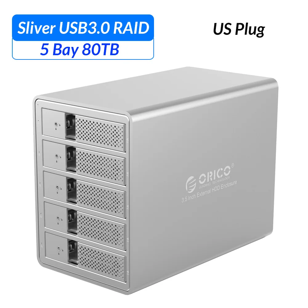 ORICO 5 Bay 3,5 ''USB3.0, док-станция для жесткого диска с Raid Поддержка 80 ТБ UASP с 150 Вт внутренний Мощность Adaper Алюминий SATA USB - Цвет: Sliver US Plug