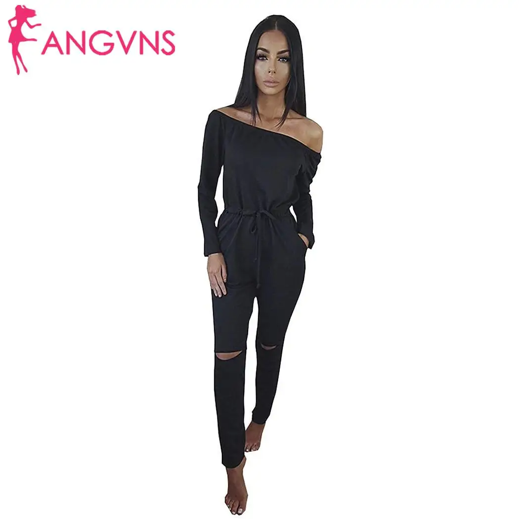 

Women Off Shoulder Long Sleeve Ripped Playsuits Solid Casual Long Party, Club, Daily Life, etc Jumpsuit