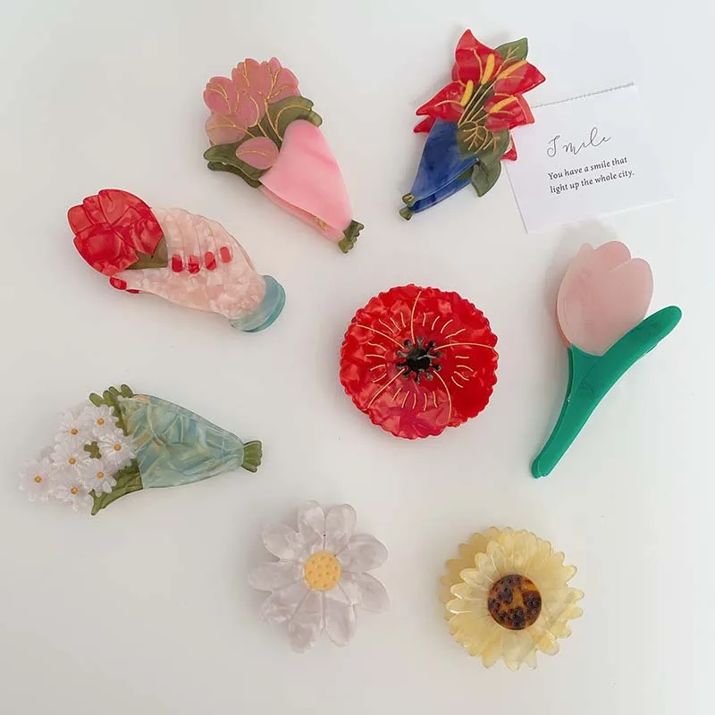 

ncmama Design Acetic Hair Claw Daisy Tulip Sunflower Rose Lips Face Hair Clip Claws Flower Hairpin for Women Hair Accessories