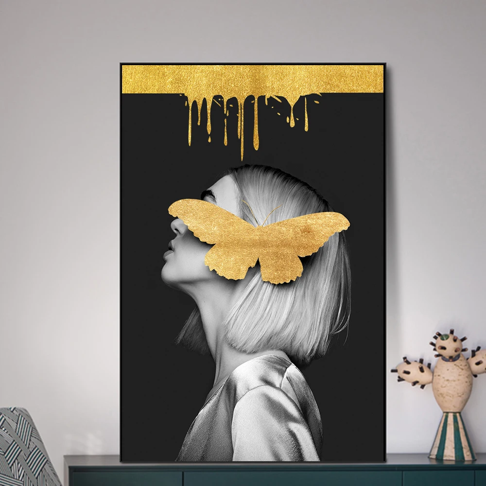 

Girl With Golden Butterfly Canvas Paintings Graffiti Wall Art Prints Super Model Posters And Prints Beauty Wall Pictures Cuadros