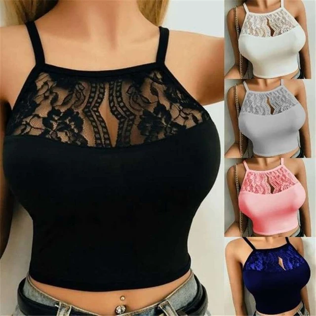 Floral Lace Spaghetti Strap Crop Tops for Women Summer Sleeveless Sexy Cami  Tank Top V Neck Bralette, Black, Small