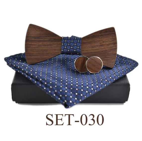 Wood Bowtie Мужской свадебный костюм воротник рубашка деревянный лук галстук набор Gravata запонки с деревянными элементами Бабочка плед платок с узором пейсли Карманный квадратный - Цвет: Wood Bowtie