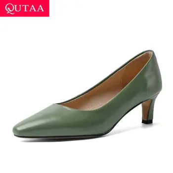 

QUTAA 2020 Pointed Toe Square high Heel Slip on Women Single Shoes Spring Cow Leather Shallow Concise Ladies Pumps Size 34-41