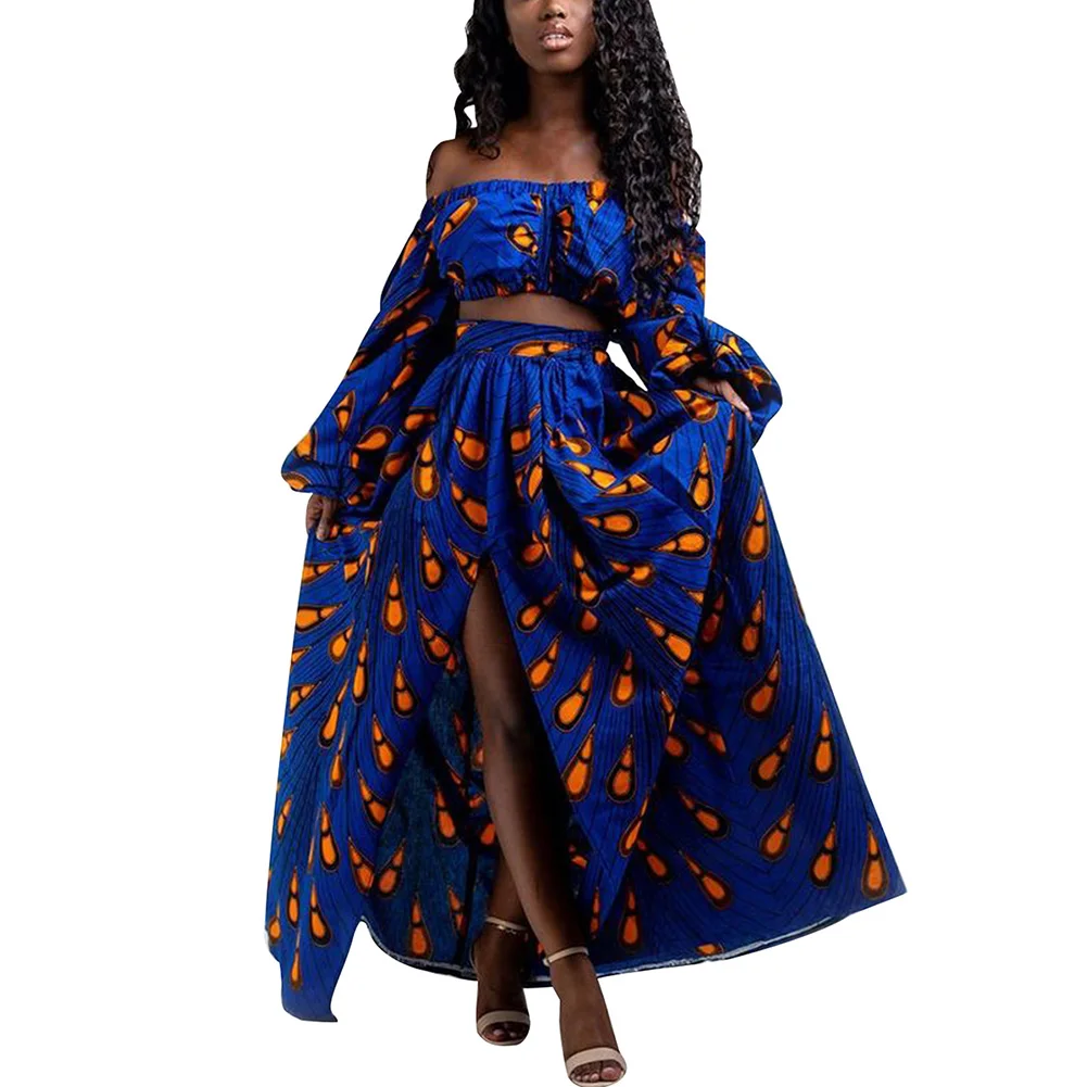 BOHISEN Дашики африканские платья для женщин Базен Анкара Платье с длинным рукавом Африканский принт костюмы - Цвет: 1set-bule