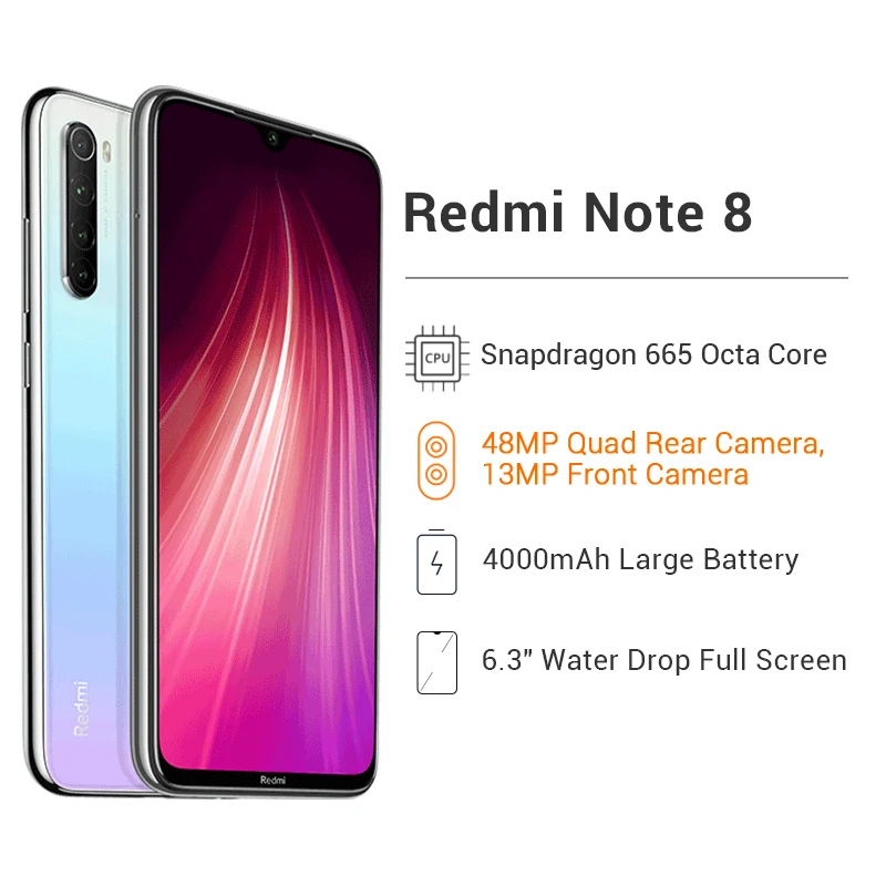 Xiaomi Redmi Note 8 с глобальной прошивкой, 6 ГБ ОЗУ, 64 Гб ПЗУ, 48мп четырехъядерный процессор Snapdragon 665, четыре ядра, 6,3 дюйма, полный экран, 4000 мАч, мобильный телефон