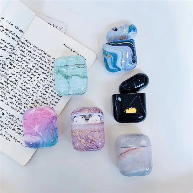 KJOEW Ins простой чехол с мраморными ушками для Airpods 1 2 Жесткий Чехол из поликарбоната