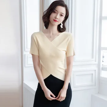 

2020 Women's Knitwear V-neck Solid Color Short Sleeve T-Shirt Commuter gray