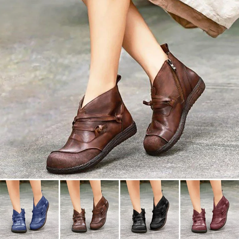 

Womens Flat Ankle Boots Ladies Vintage Winter Casual Zipper Round Toe Shoes Party K-BEST