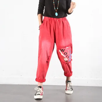 

Vintage Embroidery Harem Jeans for woman Elastic waist Denim pants Casual Large Size Calf-lenght Jeans Harem Punk SA600S30