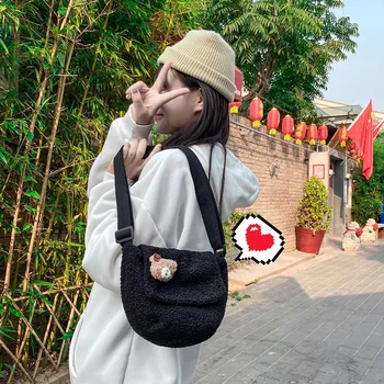 

Bear Pendant Plush Shoulder Messenger Bag Women Big Capacity Street Handbag for Ladies