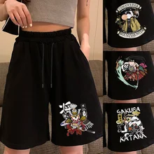 Mulher bermuda shorts de cintura alta perna larga fêmea estudante samurai impresso casual outfit straight drawstring com bolso shorts