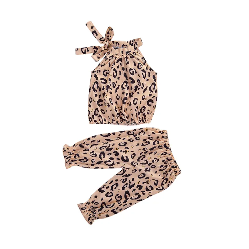 

2020 Fashion Leopard Print Sets Children Two Pieces Set Halter Bow Top Sleeveless Summer Tops + Elastic Pants Kids Clothing New