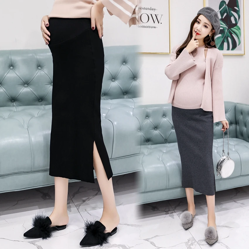 Maternity dress skirt spring and autumn pure cotton mid-length knitted split skirt fashion all-match bag hip