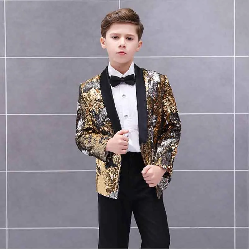 Gold set Детский блейзер с блестками для мальчиков, костюм с курткой синий и черный деловой костюм для мальчиков на свадьбу, детский Карнавальный костюм для мальчиков, От 3 до 14 лет - Цвет: Gold set