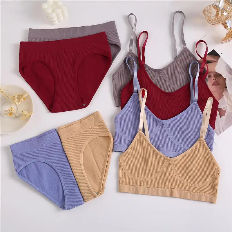 2PCS Bra Set Women Sexy Bralette Sexy Female Underwear Lingerie Ribbed Tops Girls Fashion Brassiere Basic Stretchy Tank Crop Top plus size bra and panty sets