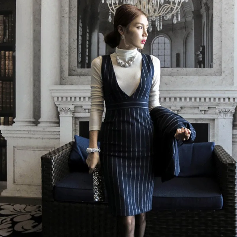 

2019 Autumn Women Striped Jackets Blazer And Mini Bodycon Dresses Sets Female Casual 2 Pieces Office Work Suits