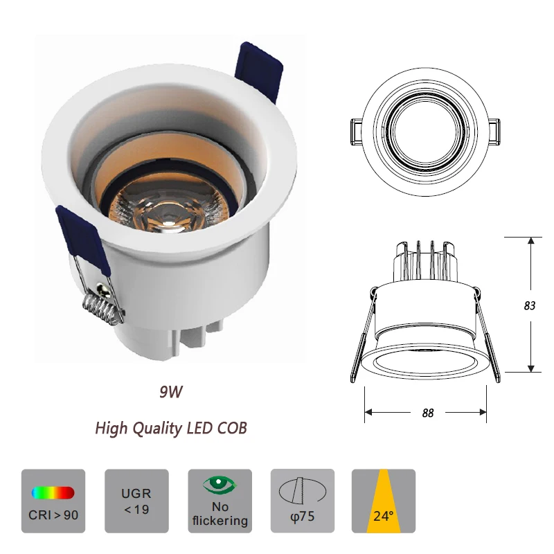 LED spot light COB 6W/9W/12W/20W delicate Round aluminium LED downlight High quality Multiple Anti glare CRI＞90 Adjustable lamp