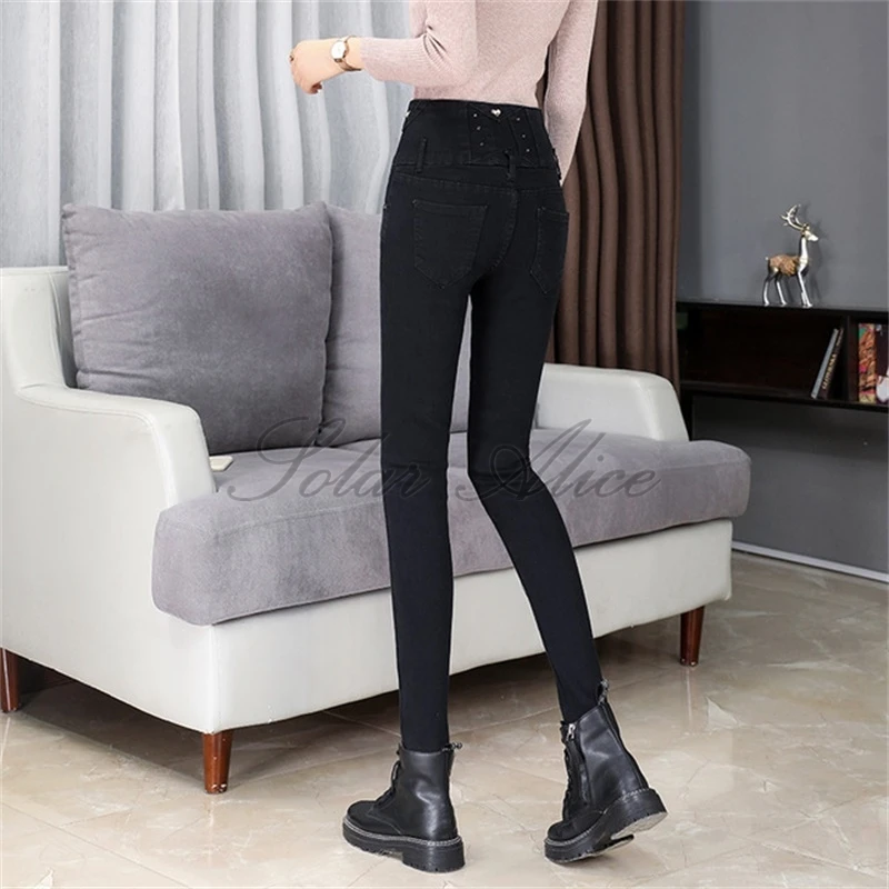 cargo pants for women Free shipping 2020 autumn women's new high-waisted small-footed jeans stretch slim slimming beaded casual pants low rise jeans Jeans