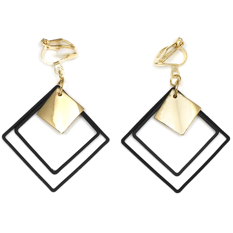 

Black Geometry Square Clip On Earrings Non Pierced Ear Clips Square Metal Earrings Without Piercing Minimalist Earring CE344