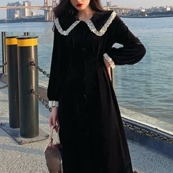 Velvet One Piece Dress Korean Fashion Long Sleeve Black Vintage Midi Dress Women Evening Party Dress 2021 Winter Kawaii Clothes 1