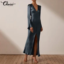 

Celmia Satin Silk Flare Sleeve Maxi Dress 2021 Autumn Women Buttons Split Vestidos Sexy V-neck Vintage Party Elegant Long Robe