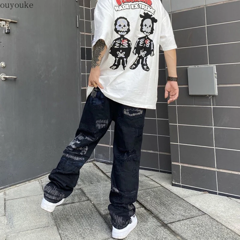 2022 jeans strappati business da uomo e da donna jeans larghi da strada  jeans patchwork jeans hip hop jeans neri jeans bianchi|Jeans| - AliExpress