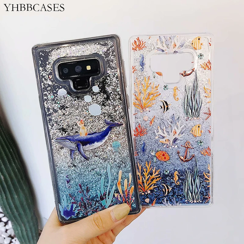 

YHBBCASES Cartoon Coral Shark Cover For Samsung Galaxy S10 S8 S9 Plus Dynamic Liquid Glitter Sequin Cases For Samsung Note 10 9