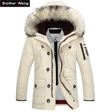 Зимняя Теплая мужская белая куртка на утином пуху модная повседневная куртка с большим меховым воротником, утолщенная куртка с капюшоном и пальто Мужская Бежевая белая