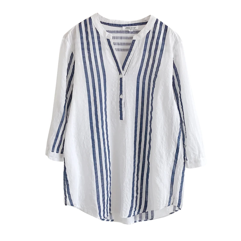 Summer Thin Section Vertical Striped Blouse Female South Korean Joker Brim Show Thin Striped Shirt 7 Minutes Of Sleeve Blouses 5