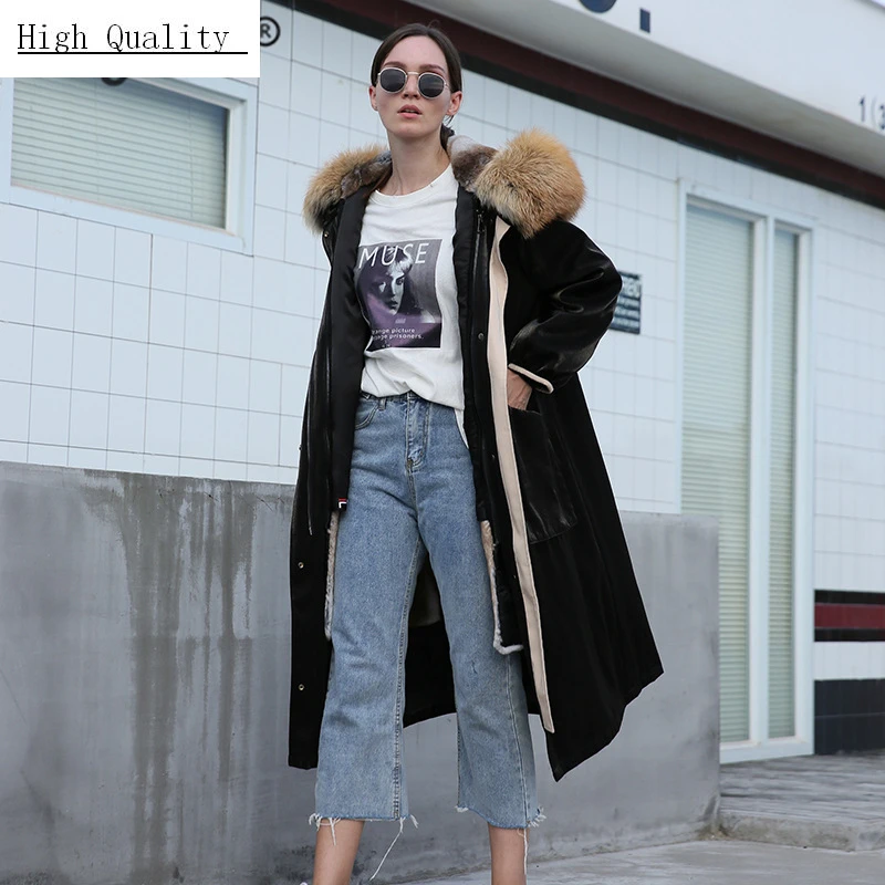 

Winter Real Fur Coat Female Natural Rabbit Fur Liner Jacket Large Fox Fur Hooded Clothes 2020 Korean Warm X-Long Coat 006