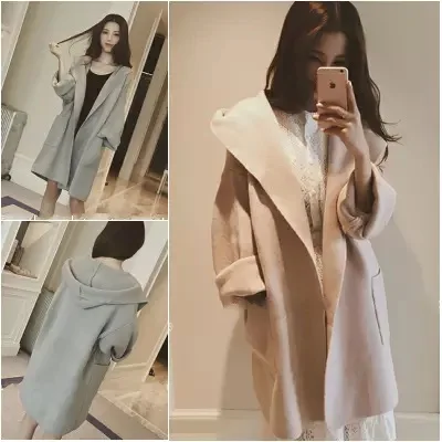 

New Style Korean-style Solid Color Long-sleeved Cardigan Fold-down Collar Versatile Loose-Fit Mid-length Hooded Coat Women's Fas