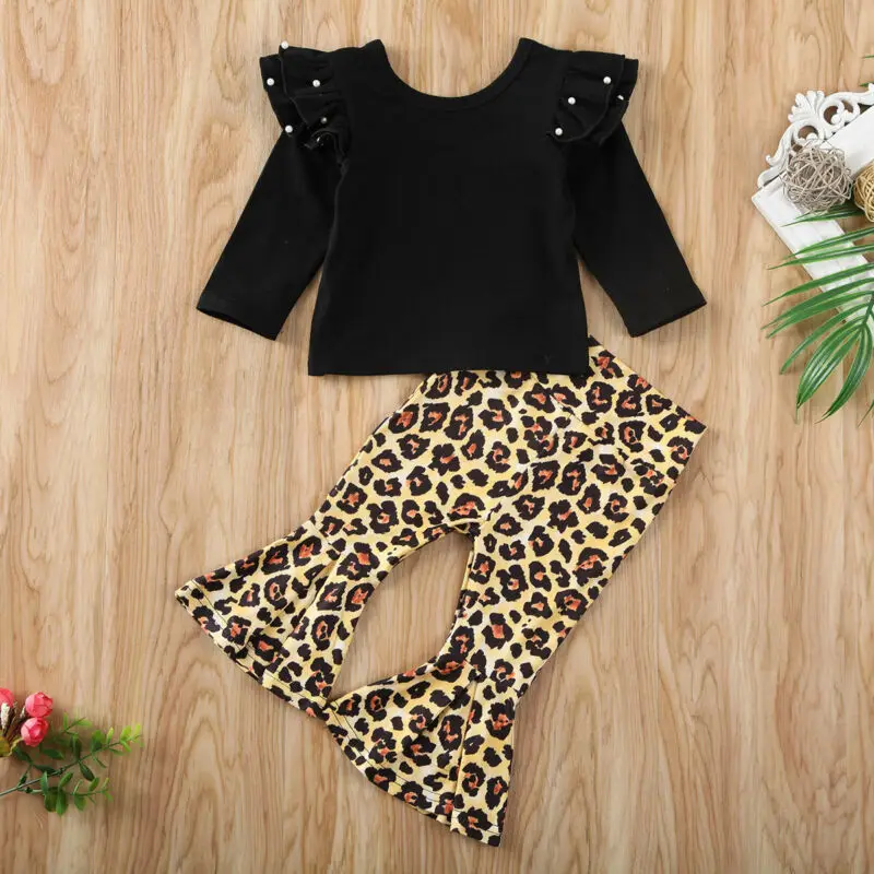 Toddler Baby Kids Girl Ruffle Top T-Shirt Leopard Flare Pant Outfits Set Clothes