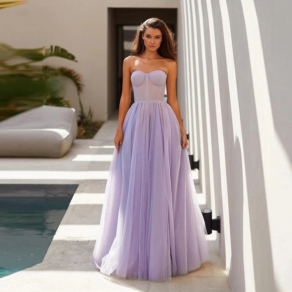 Custom Color 2022 Lavender/Pink/Blue A Line Tulle Long Prom Dresses Sweetheart Boning Fitted Top Simple Formal Evening Gowns ball gown dress