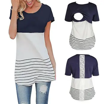 

PUDCOCO Maternity Clothes Breastfeeding Lace Striped Floral T-Shirt nursing Tops For Pregnant Women