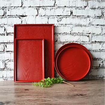 

Red rectangular round wooden storage tray kitchen living room supplies tray dessert storage tray decorative plate