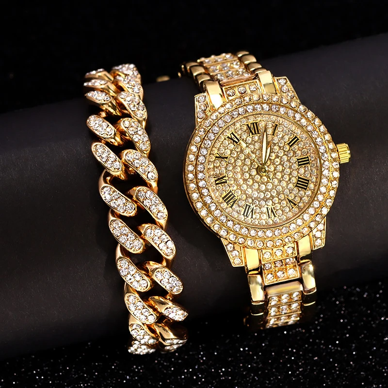 Iced Out Rose Gold Silver Color Watch Women's Luxury Rhinestone Cuban Chain Bracelet Watches Fashion Wrist Watch Hip Hop Jewelry