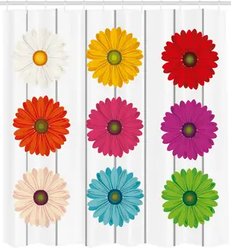 

Gerber Daisy Shower Curtain Lovely Illustration with Colorful Flower Petals on Vertical Stripes Graphic Cloth Fabric Bathroom