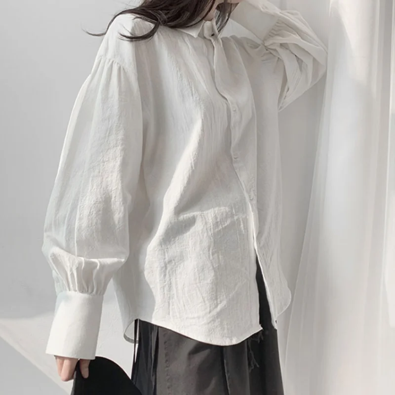 Autumn women's new square collar solid color cotton linen simple foam sleeves loose ladies long sleeves shirt