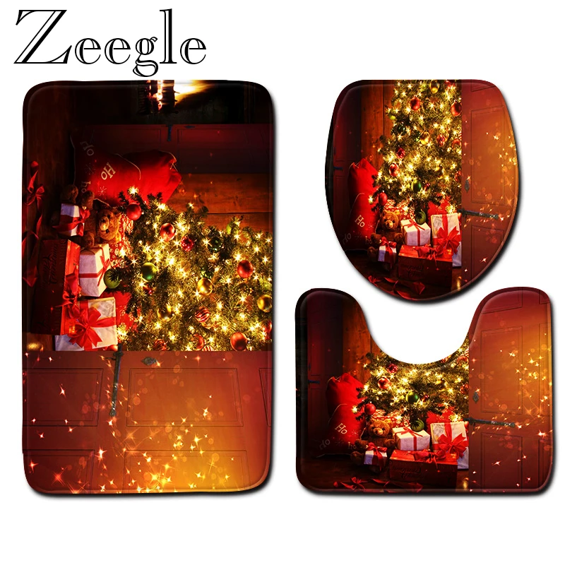 3pcs Christmas Bathroom Rug Set Anti-slip Bathroom Shower Mat Soft Toilet Cover Seat Mat Absorbent Bathroom Toilet Pedestal Rug