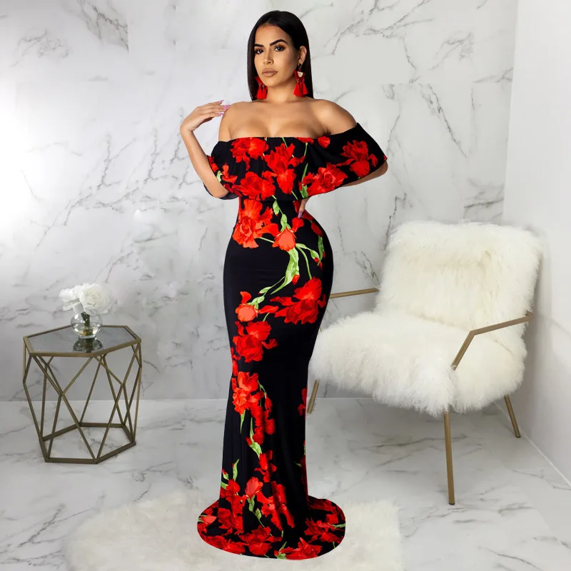 

Sexy Suudress Floral Print Strapless Mermaid Long Dress Women Off Shoulder Slash Neck Backless Evening Party Dresses Bohe Dress