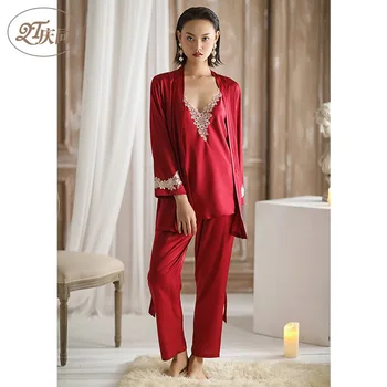

Women Spring Ice Silk Pajamas Long Sleeve Sexy Suspenders Trousers Sleepwear 3 Sets Solid V-Neck Womens Luxury Sexy Clothes