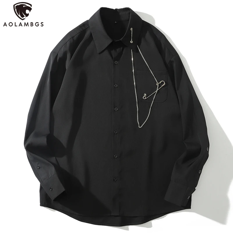 

Aolamegs Shirt Men Chain Solid Long Sleeve Streetwear Black Gothic Diablo Style Oversized High Street Advanced Autumn Top Shirts