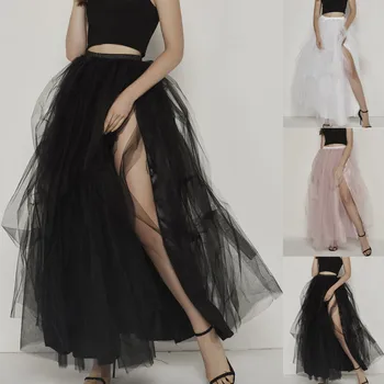 

Women slit Skirt Bridesmaid Princess Mesh Tulle Skirt Elastic High Waist Floor Slit Asymmetrical Party Bubble Splice Skirt #4.9