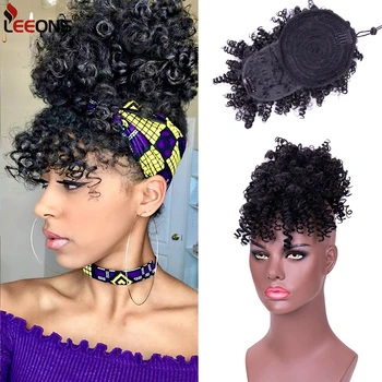 

Leeons High Puff Afro Kinky Curly Synthetic Ponytail With Bangs Ponytail Hair Extension Drawstring Short Afro Pony Tail Clip In