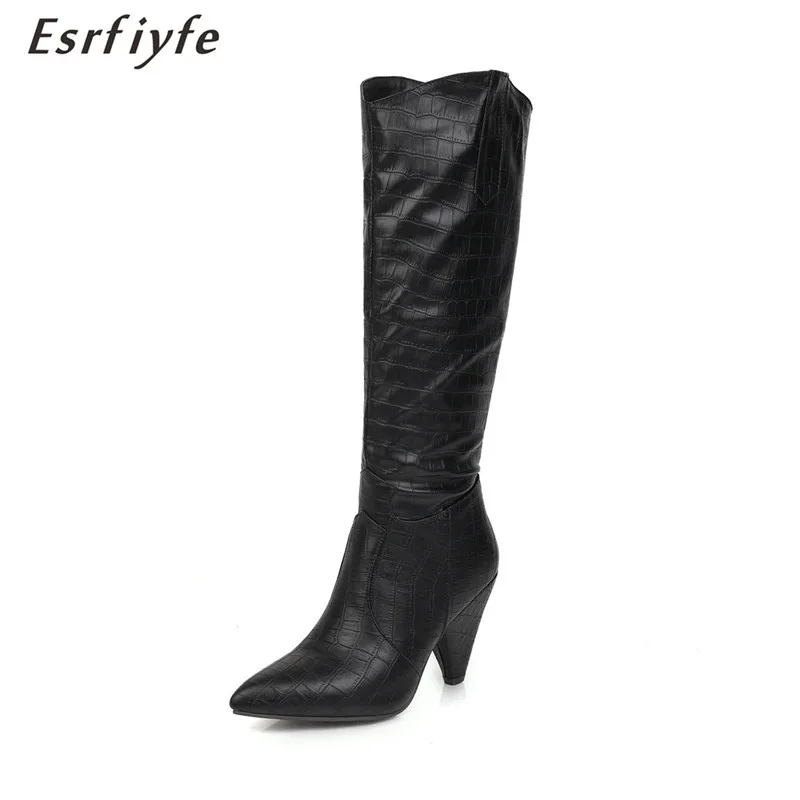 

ESRFIYFE New Fashion Large Size Ladies Knee High Boots PU Leather Stone Grain Pointed Toe Boots Woman Knee High Boots Winter